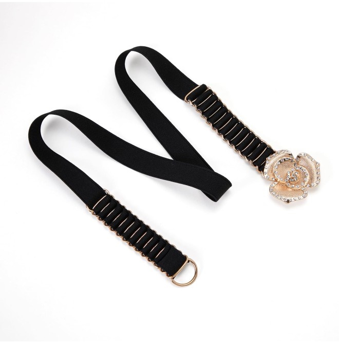 Women's black elastic belt with rhinestone buckle