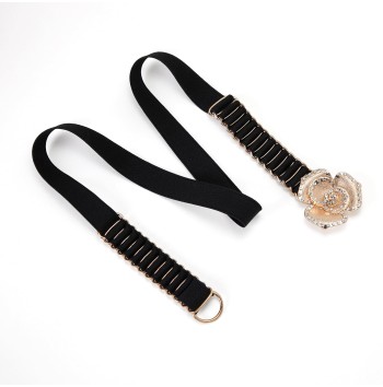 Women's black elastic belt with rhinestone buckle