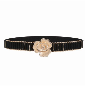 Women's black elastic belt with rhinestone buckle