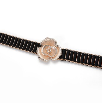 Women's black elastic belt with rhinestone buckle