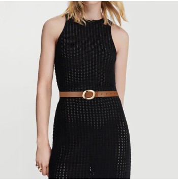 Women's Brown Thin Belt with Gold Oval Buckle