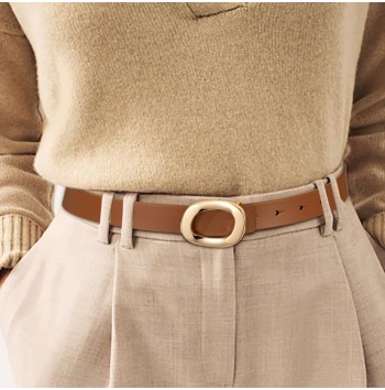 Women's Brown Thin Belt with Gold Oval Buckle