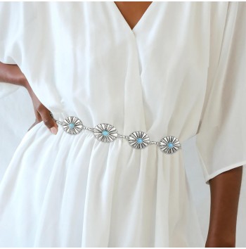 Oval Concho Chain Belt with Blue Diamonds
