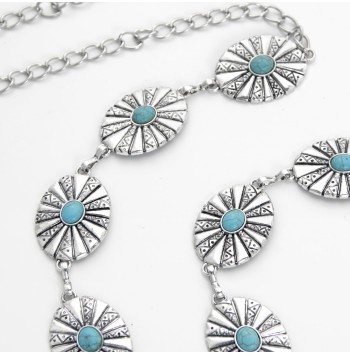 Oval Concho Chain Belt with Blue Diamonds