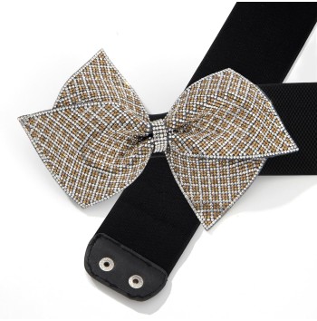 Women's Black Belt with Bow Rhinestone Pattern